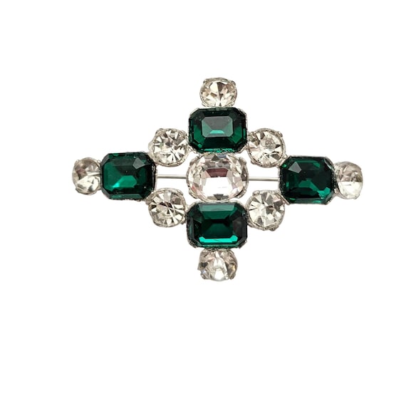 1940s Green Clear Rhinestone Maltese Cross Brooch, New Old Stock Pin C907