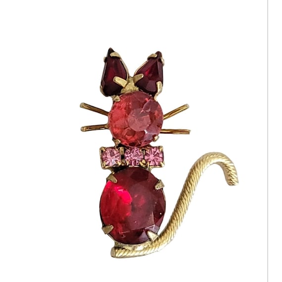 Pink Red Rhinestone Prong Set Cat Pin Brooch K364