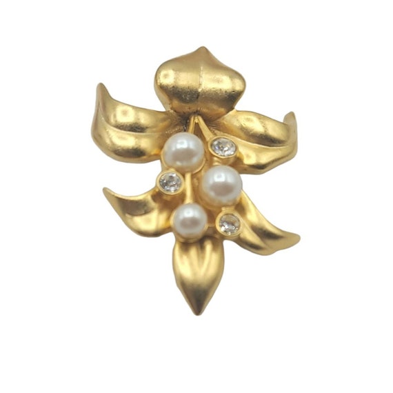 Swarovski Goldtone Pearl Flower, Leaf Lily Brooch… - image 4