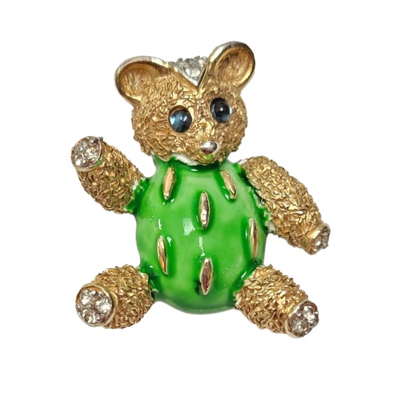 Trifari Crown Over T Green Enamel Textured Clear Rhinestone Hands Feet Teddy Bear Pin Brooch, Signed
