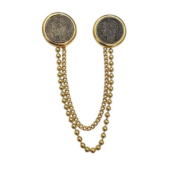 Coin Sweater Pins Gold Tone Ball And Cable Double Chatelaine Style Chain J515