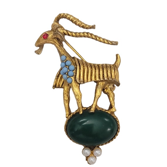 Vintage Gold Tone Blue Bead, Green Glass Cab Gazelle, Goat Brooch K470