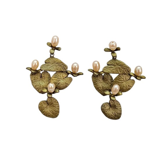 Michael Michaud Green Bronze Water Lily Genuine Pearl Dangle Sterling Post Earrings L474
