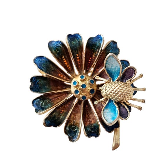 Vintage Articulated Bug On Flower Brooch 800 Silver Blue Enamel Pin