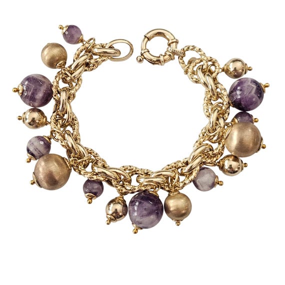 Veronese Sterling Vermeil Bead And Amethyst Chunky Double Chain Bracelet C958