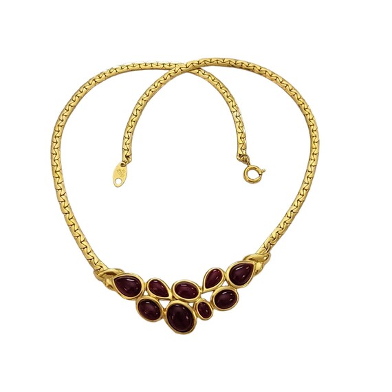 Trifari Gold Tone Short Collar Red Lucite Cab Necklace 17” Long, Signed K52