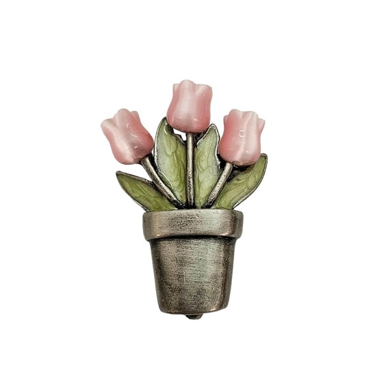 Pink Tulip Glass Flower In Pot, Green Enamel Leaves Brooch Pin L397