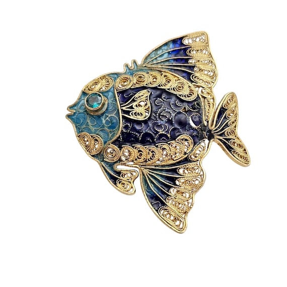 Sterling Blue Plique-à-Jour Style Spun Filigree Fish Brooch Pendant J425