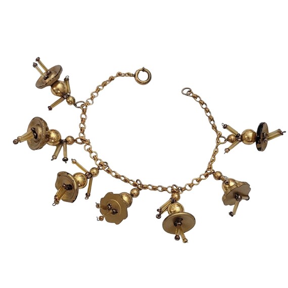 Gold Tone Plastic Mercury Bead Glass Figural Girl Charms Bracelet 7” Long E535