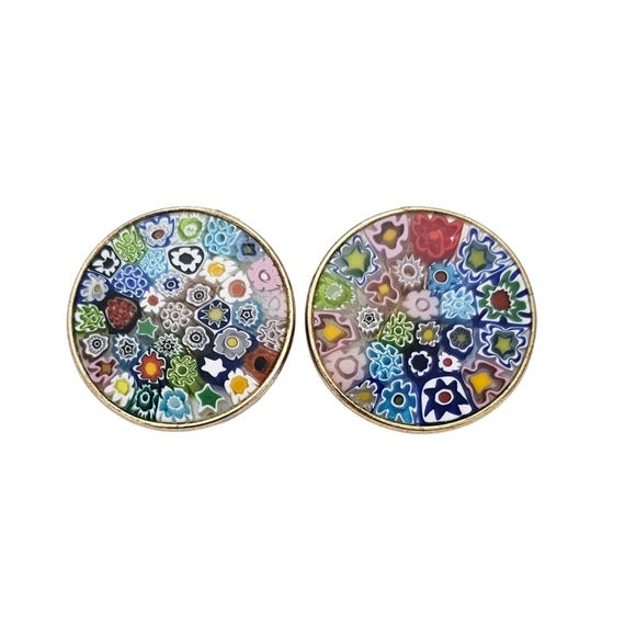 Sterling Silver Vermeil Millefiori Glass Round Clip On Earrings C747