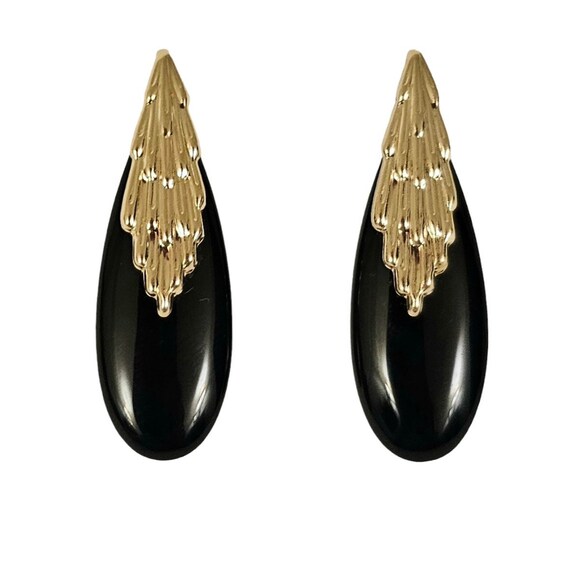 14K Yellow Gold Black Onyx Teardrop Post Earrings L163