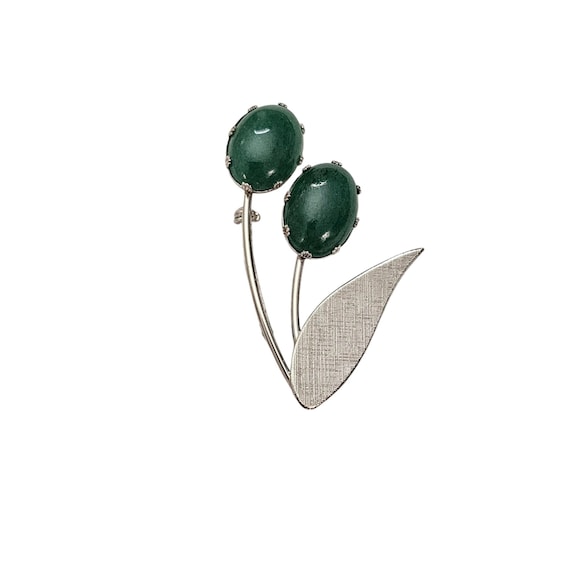 Sterling Silver Green Stone Cabochon Florentine Finish Leaf Flower Brooch Pin L391