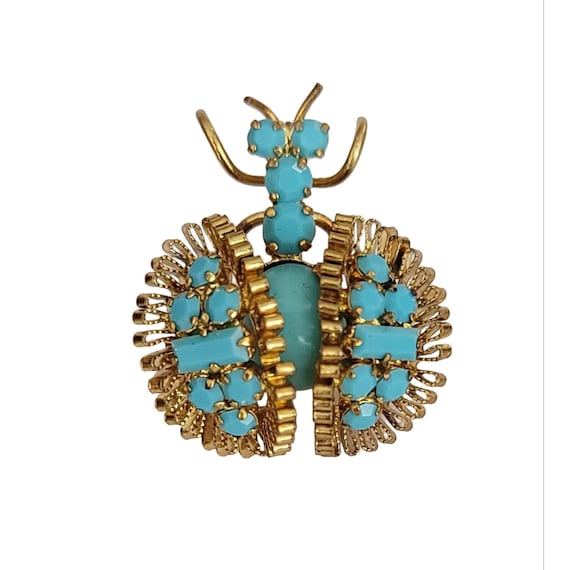 Gold Tone Blue Prong Opaque Rhinestone Austria Bug Brooch Pin K25