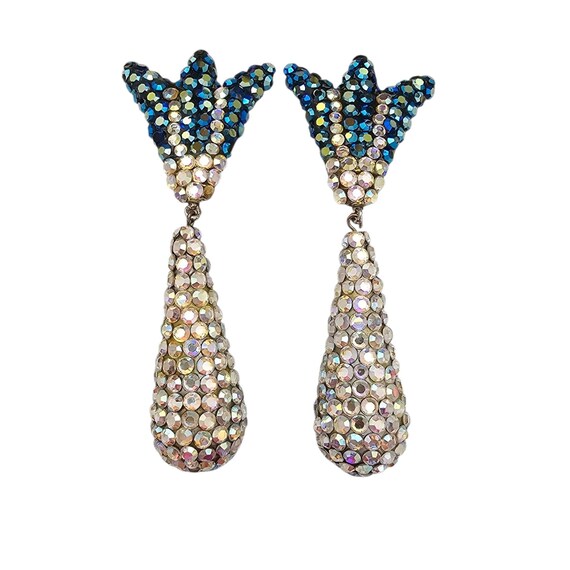 Blue AB Rhinestone Clip-On Earrings, Long Drop Dangles