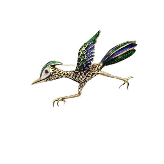 14K Gold Martine Road Runner Brooch Ruby Eye Blue Green Enamel Bird Pin, Signed
