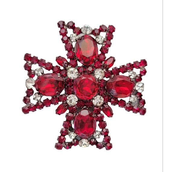 Kenneth Lane Vintage Red, Clear Rhinestone Maltese Cross Brooch, Signed