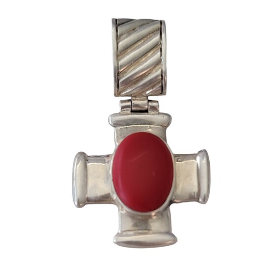 Sterling Silver Dyed Red Oval Cab, Hinged Large Bale Cross Pendant E604