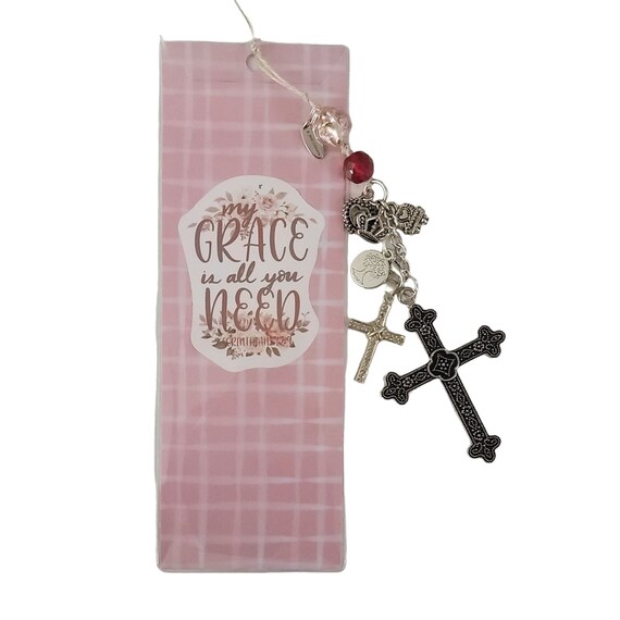 Glass Sterling Silver Cross Chain Pendant Dangle "My Grace Is All You Need" Bookmark, B15