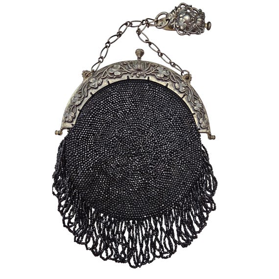 Nicholls Antique Black Glass Bead Chatelaine Victorian Edwardian Round Bag J528