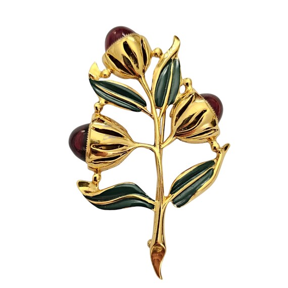 Adolph Katz Red Ruby Gum Drop Glass Cab Flower Trio Brooch, Carmen Miranda Style L973