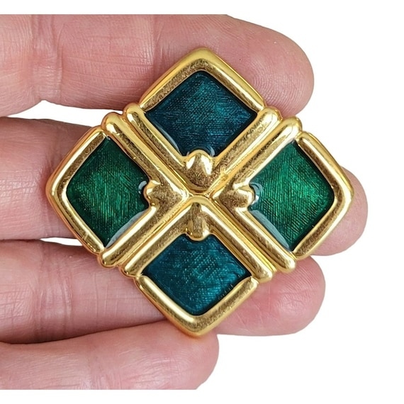Monet Gold Tone Green Enamel Maltese Cross Style Brooch, Signed K62