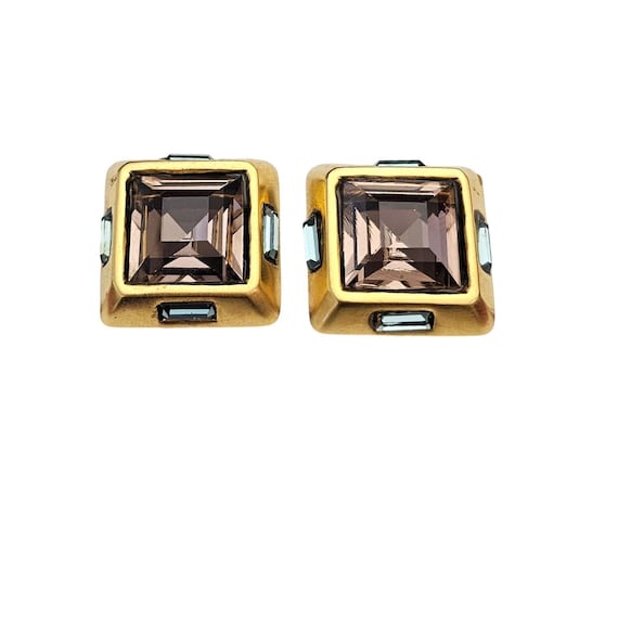 Matte Gold Tone Purple Square Rhinestone Blue Baguette Designer Earrings C931