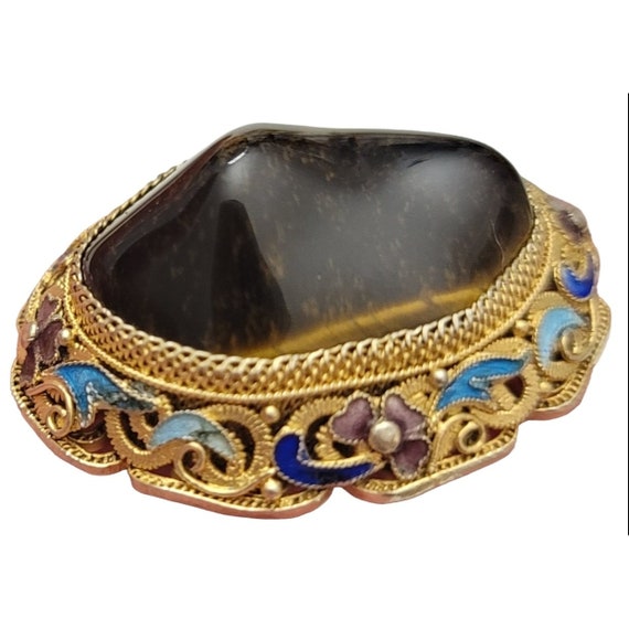 Vintage Rare Vermeil Silver Filigree Enamel Tiger Eye Pin Brooch M1005