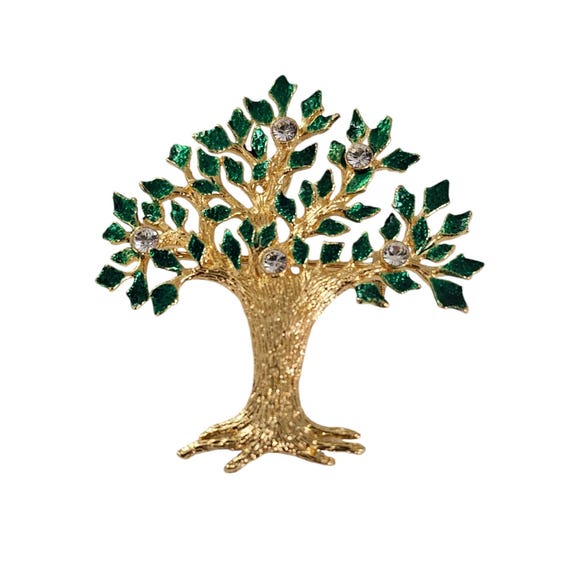 Garnay Green Enamel Leafy Tree Brooch, Clear Rhinestone Pin Pendant, Signed L616