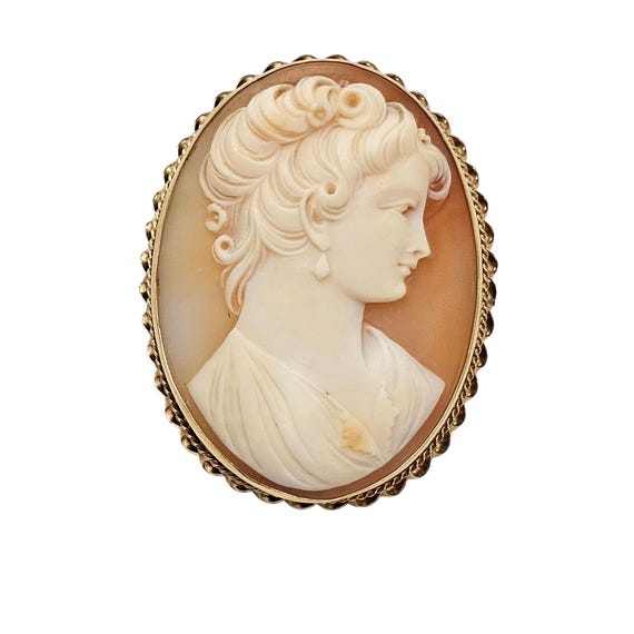 14K Yellow Gold Shell Carved Cameo Brooch Pendant Signed HSB, J582