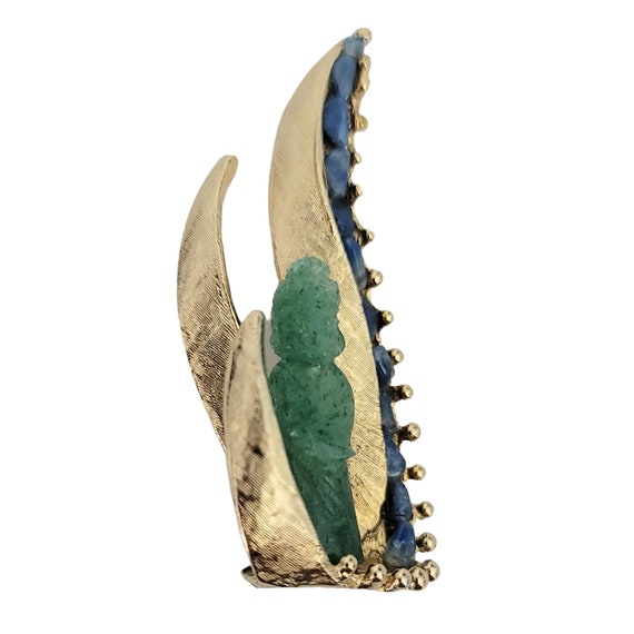 Gold Tone Bamboo Leaf Green Blue Stone Asian Carved Figural Brooch, M183