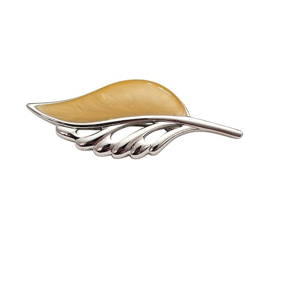Monet Silver Tone Yellow Yolk Pearly Enamel Leaf Brooch Signed J413