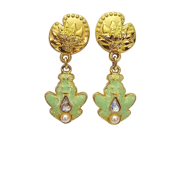 Disney Gold Tone Green Frog Glitter Enamel Dangle Clip Earrings Faux Pearl, C795