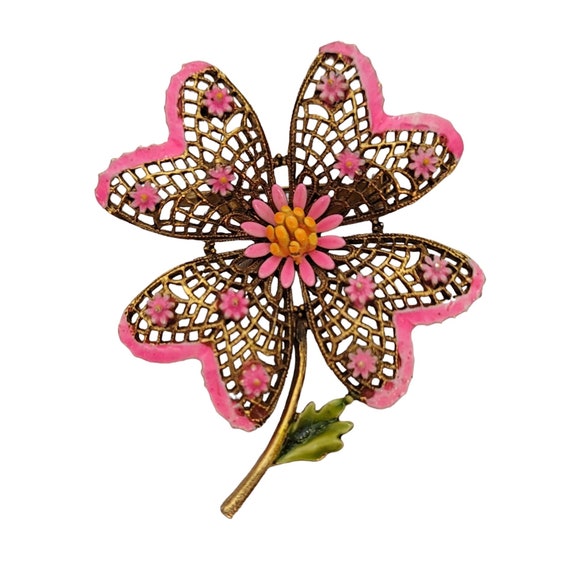 ART Arthur Pepper Pink Filigree Stemmed Flower Brooch Pin, Signed E250