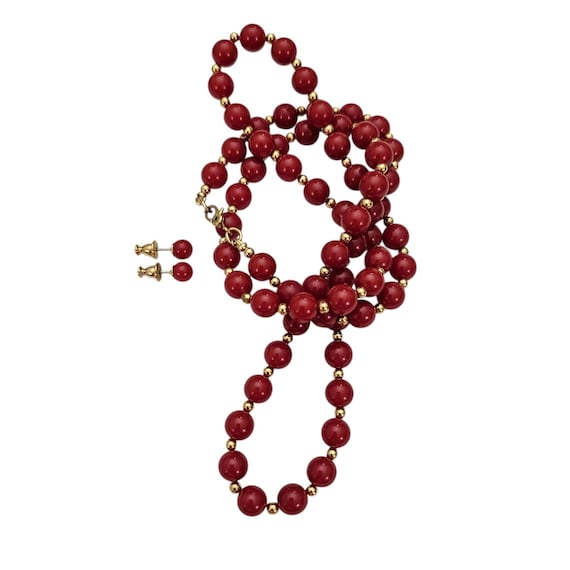 Monet Vintage Red Lucite Bead Necklace, Ball Post Earrings Set, Sister Clasp, Signed