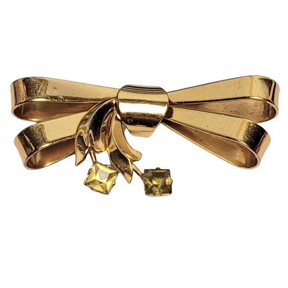 Gold Vermeil Sterling Bow With Jonquil Square Rhinestones Pin Brooch