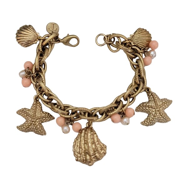 Talbots Gold Tone Sea Shell Starfish Genuine Pearl Pink Bead Charm Bracelet 7.5” Long K204