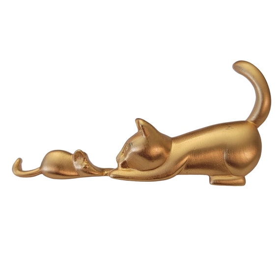 Anne Klein Matte Gold Tone Cat Mouse Brooch Pin E525