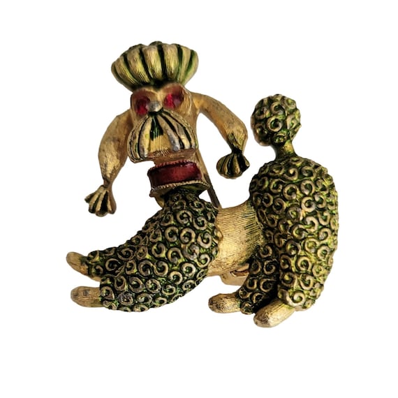 JJ Jonette Gold Tone Poodle Brooch Red Rhinestone Eyes Pin Brooch,  Signed