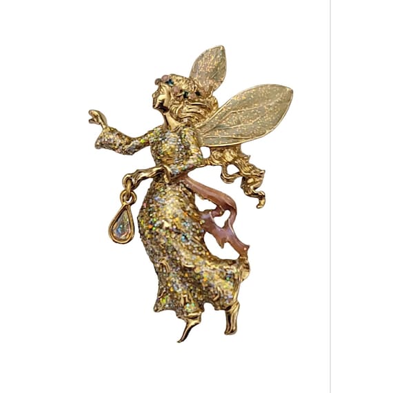 Glitter Fairy Kirks Folly Rhinestone Dangle Light Brooch, Signed K580
