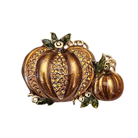Napier Enamel Rhinestone Pumpkin Brooch Orange Green Pin Signed, J880