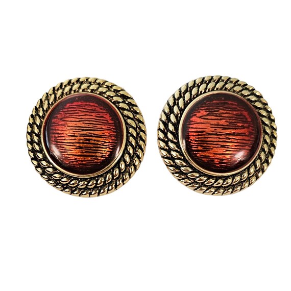 Gold Tone Vintage Round Rust Enamel Clip On Earrings Rope Twist Designer Style J121