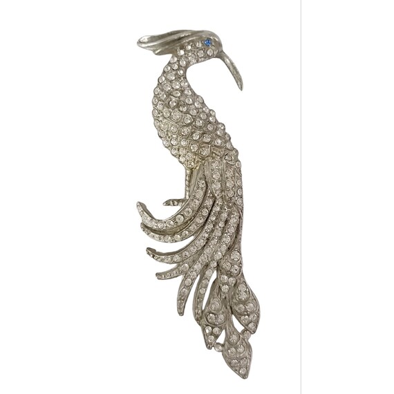 Vintage Silver Tone Clear Rhinestone Bird of Paradise Statement Brooch K483