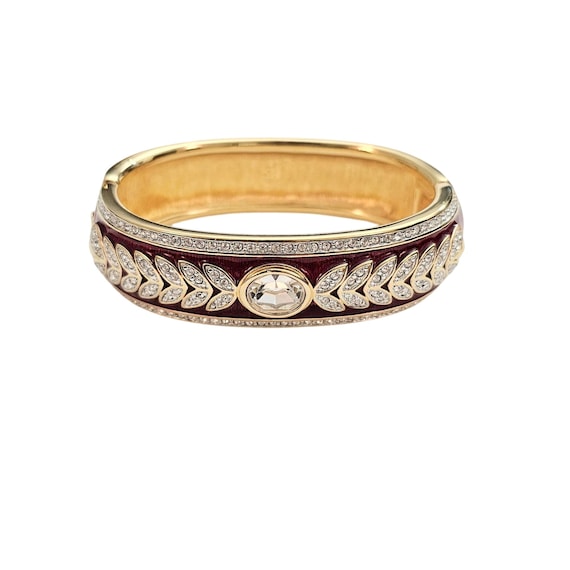 Swarovski Red Enamel Clear Rhinestone Hinged Bangle Swan Logo C940