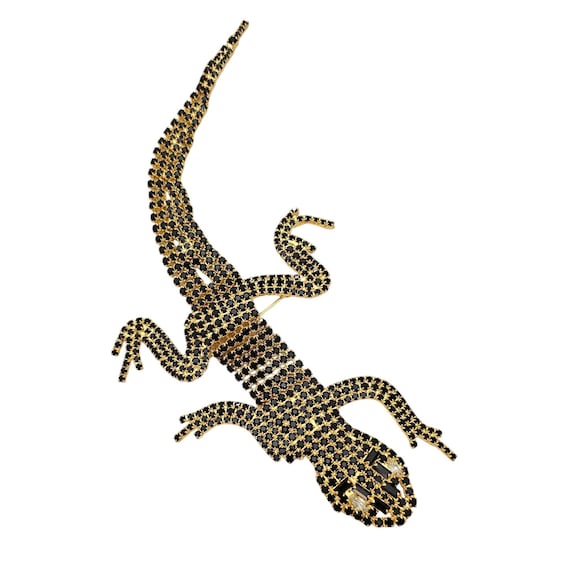 Black Prong Set Rhinestone Articulated Gecko Lizard Shoulder Brooch, L991