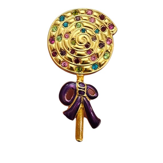 Swarovski Gold Tone Crystal Lollipop Brooch Purple Bow Multicolor Signed Pin, L998