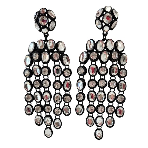 Clear Resin Rhinestone Black Metal Waterfall Chandelier Dangle Post Earring J634