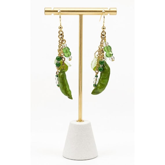 Peas In Pods Pear Sterling French Hook Earrings Glass Bead, Chain Dangles J887