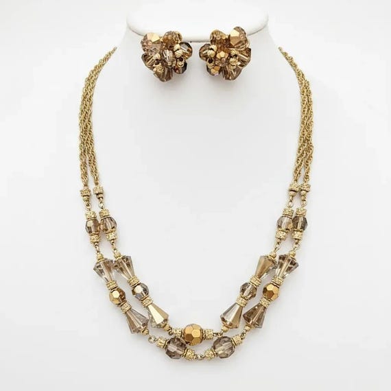 Vendome AB Gold Faceted Necklace Clip On Earrings Set Vintage Double Strand C911