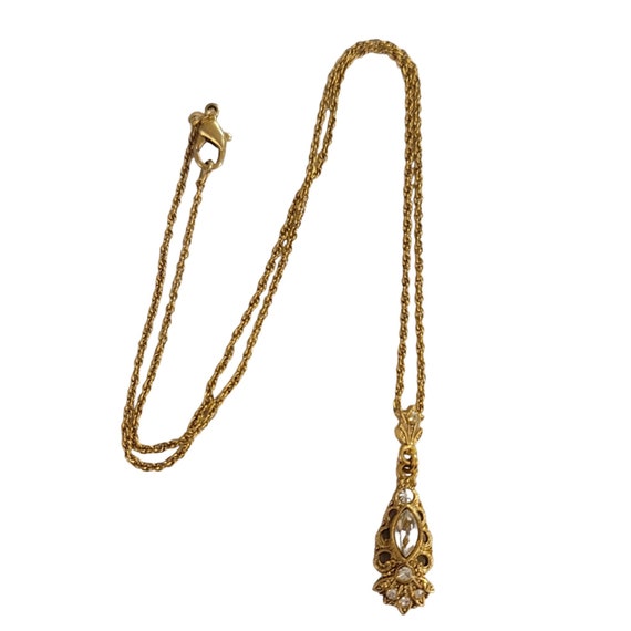 1928 Brand Gold Tone Clear Rhinestone Victorian Style Pendant Chain Necklace 18” L K935