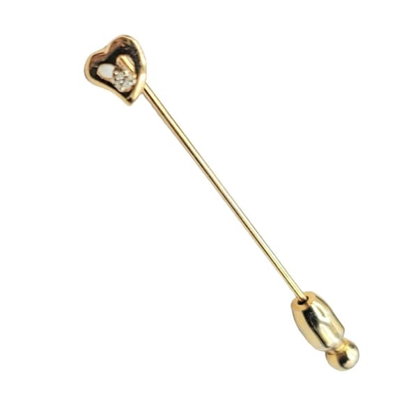 14k Yellow Gold Open Heart With Center Diamond Chip Lapel Stick Pin